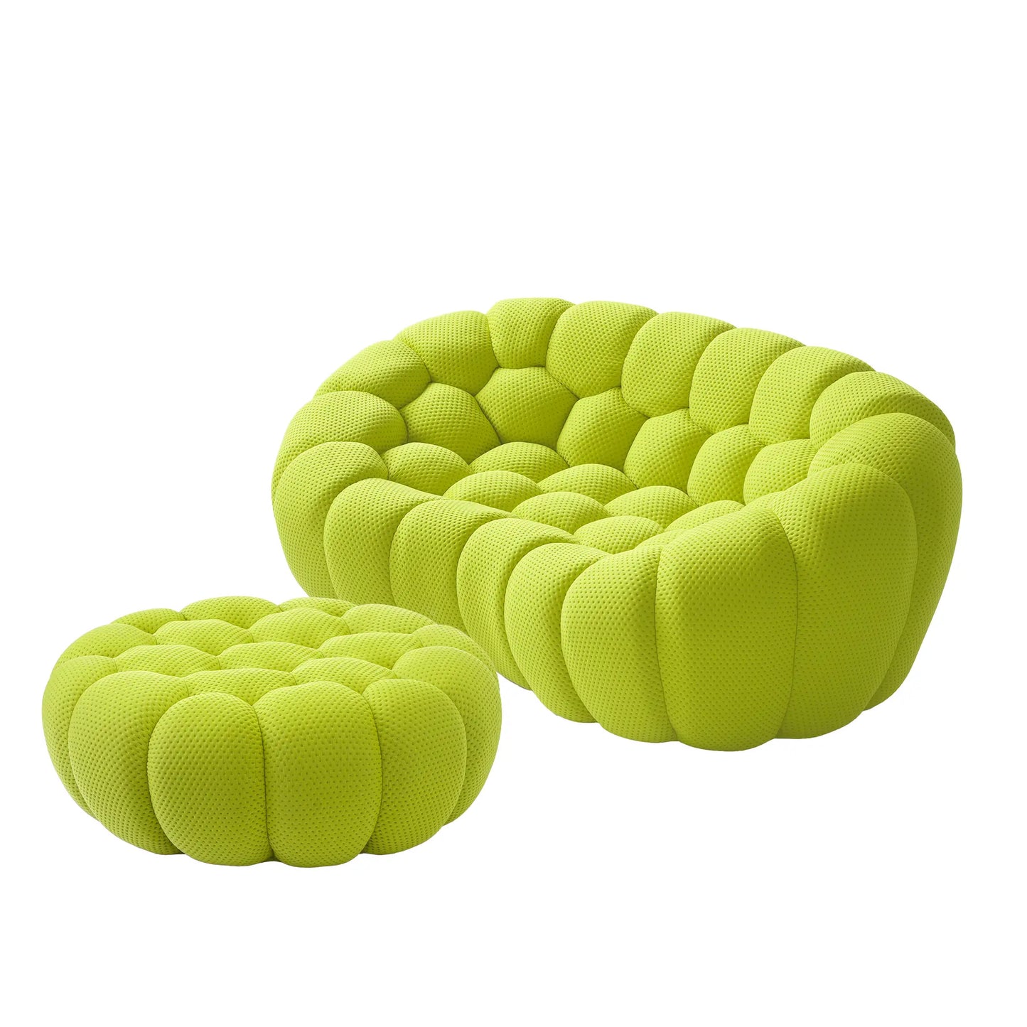 Sofás Essential Arc Boneless | Chaise longue seccional de dos piezas en tejido de punto 3D verde lima con 1 otomana