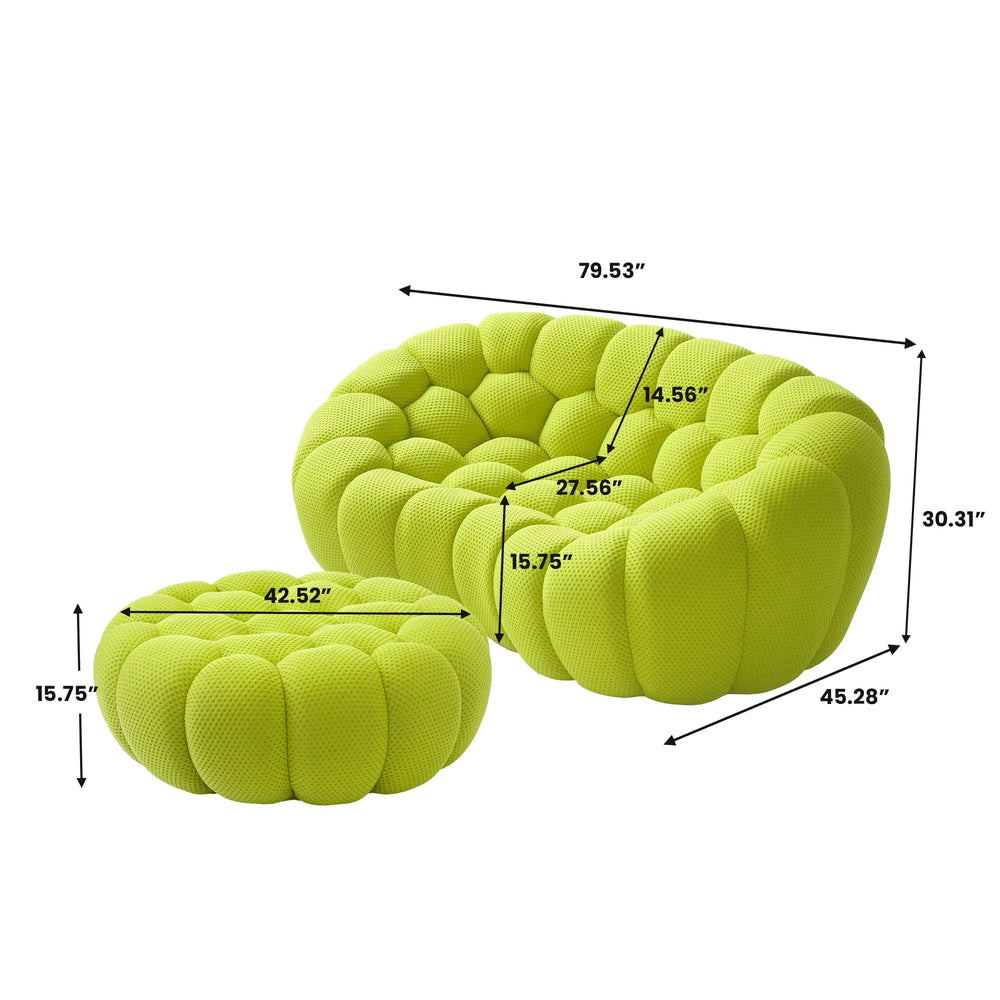 Sofás Essential Arc Boneless | Chaise longue seccional de dos piezas en tejido de punto 3D verde lima con 1 otomana