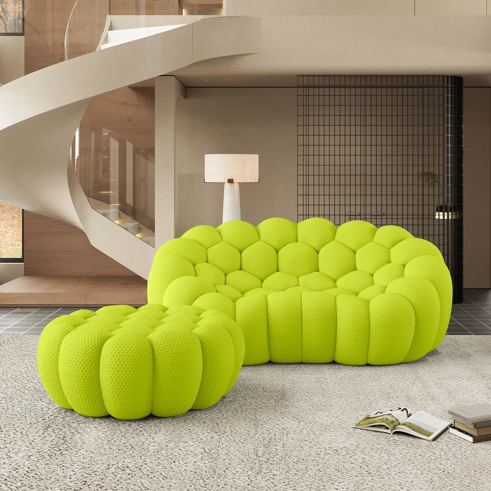 Sofás Essential Arc Boneless | Chaise longue seccional de dos piezas en tejido de punto 3D verde lima con 1 otomana