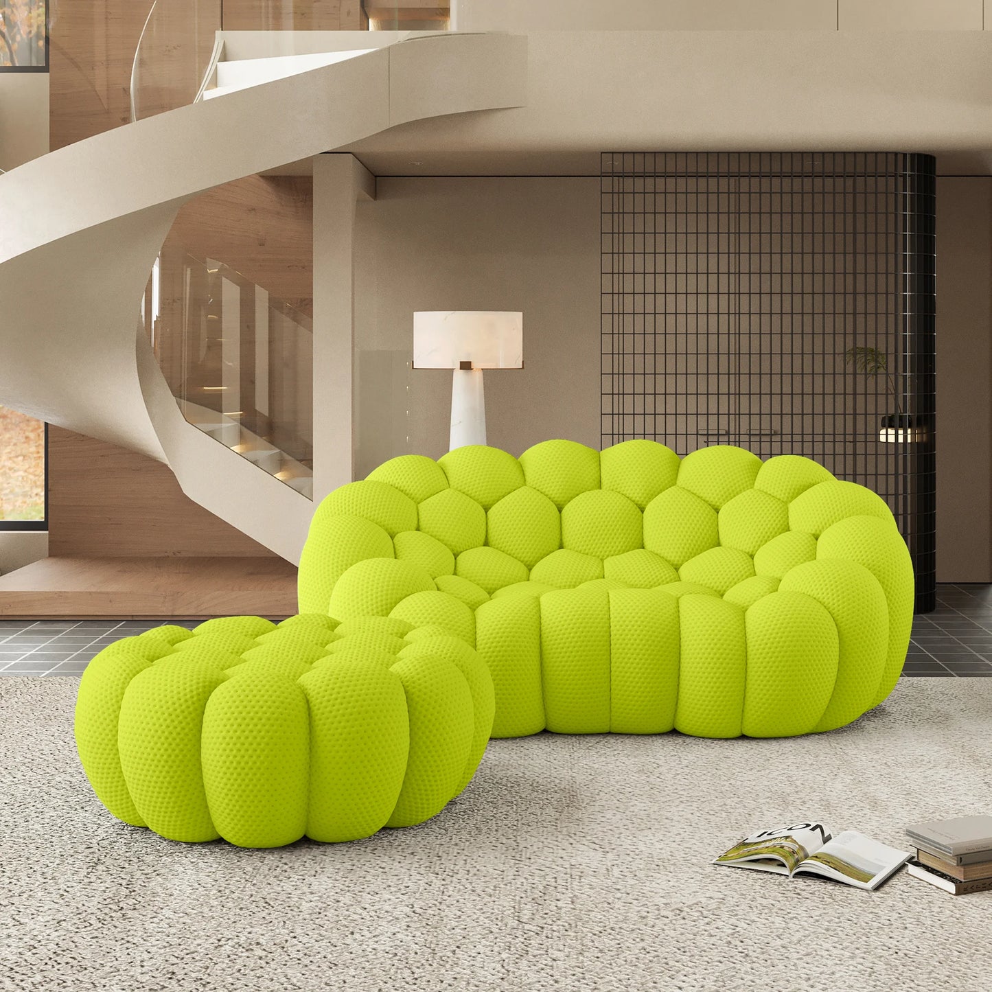 Sofás Essential Arc Boneless | Chaise longue seccional de dos piezas en tejido de punto 3D verde lima con 1 otomana