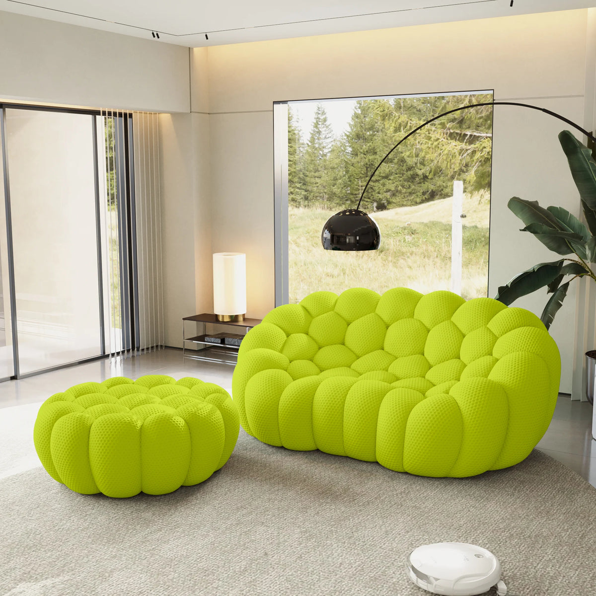 Essential 2-Seater lime-green 3D-Knitted Fabric Chaise Sectionals | 2-Piece (includes 1 Ottoman), 3D-Knitted Fabric, Compact Design