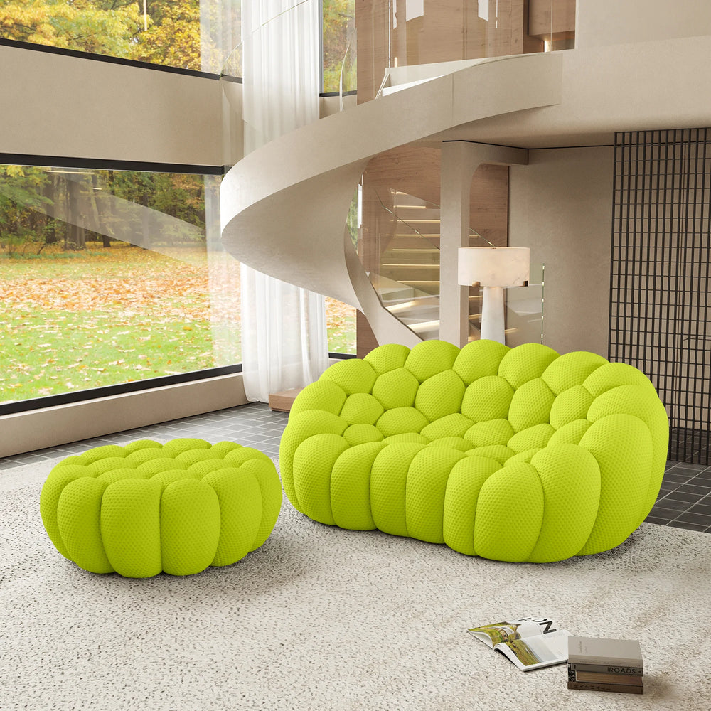 Sofás Essential Arc Boneless | Chaise longue seccional de dos piezas en tejido de punto 3D verde lima con 1 otomana