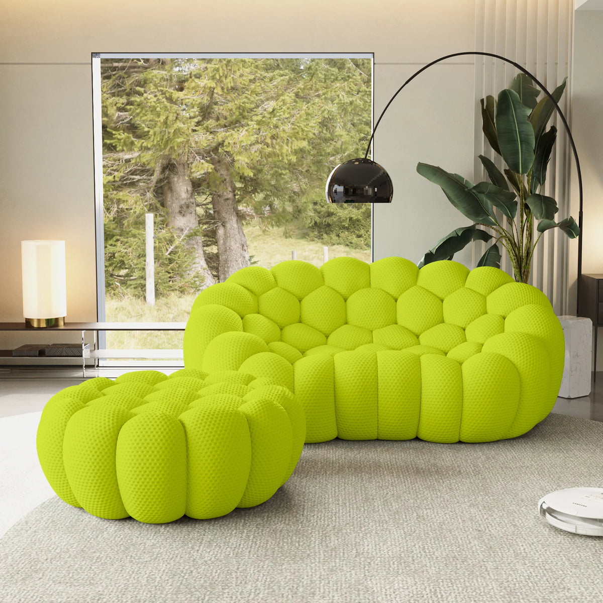 Essential 2-Seater lime-green 3D-Knitted Fabric Chaise Sectionals | 2-Piece (includes 1 Ottoman), 3D-Knitted Fabric, Compact Design