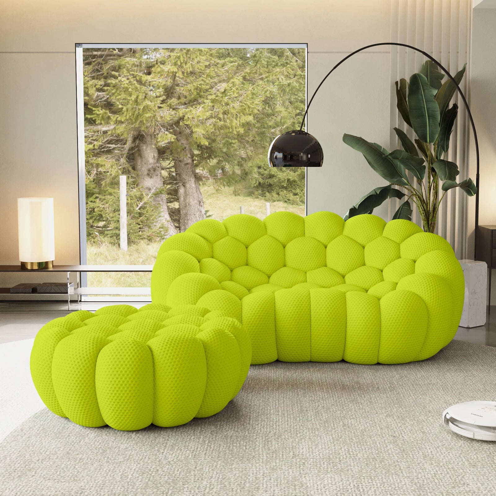 Essential 2-Seater lime-green 3D-Knitted Fabric Chaise Sectionals | 2-Piece (includes 1 Ottoman), 3D-Knitted Fabric, Compact Design