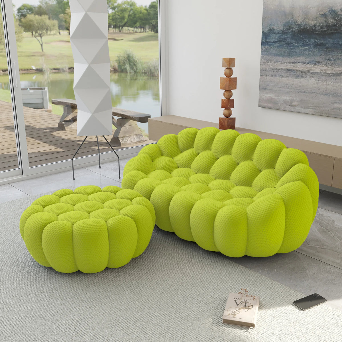 Sofás seccionales chaise longue esenciales de 2 plazas, en tejido 3D de punto color lima | 2 piezas (incluye 1 otomana), tejido 3D de punto, espacio pequeño