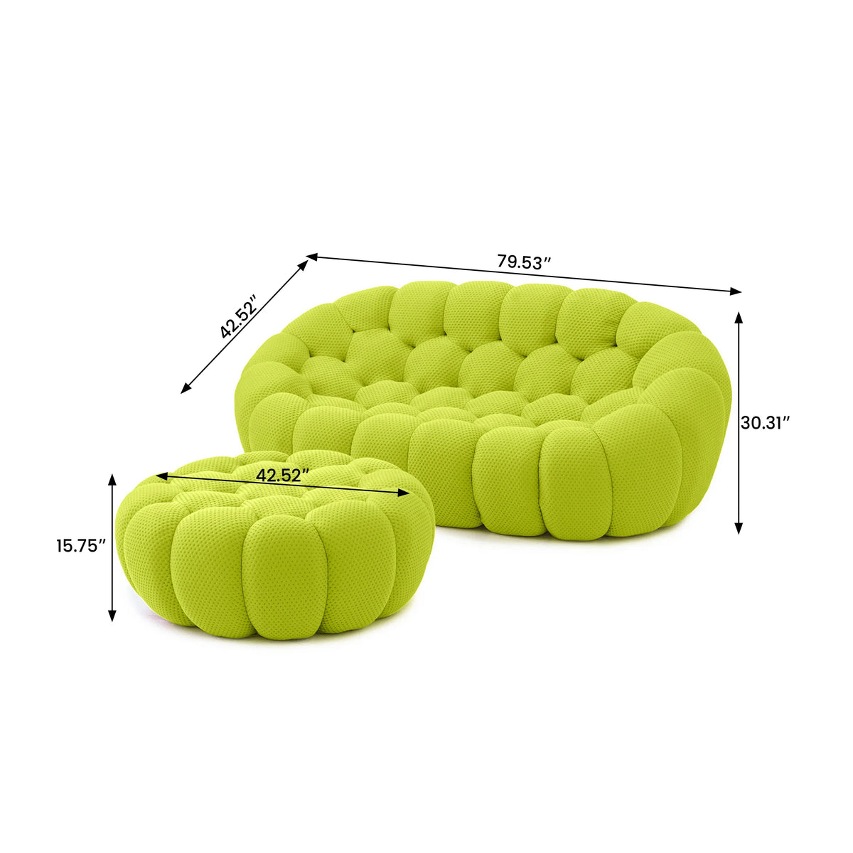 Sofás seccionales chaise longue esenciales de 2 plazas, en tejido 3D de punto color lima | 2 piezas (incluye 1 otomana), tejido 3D de punto, espacio pequeño