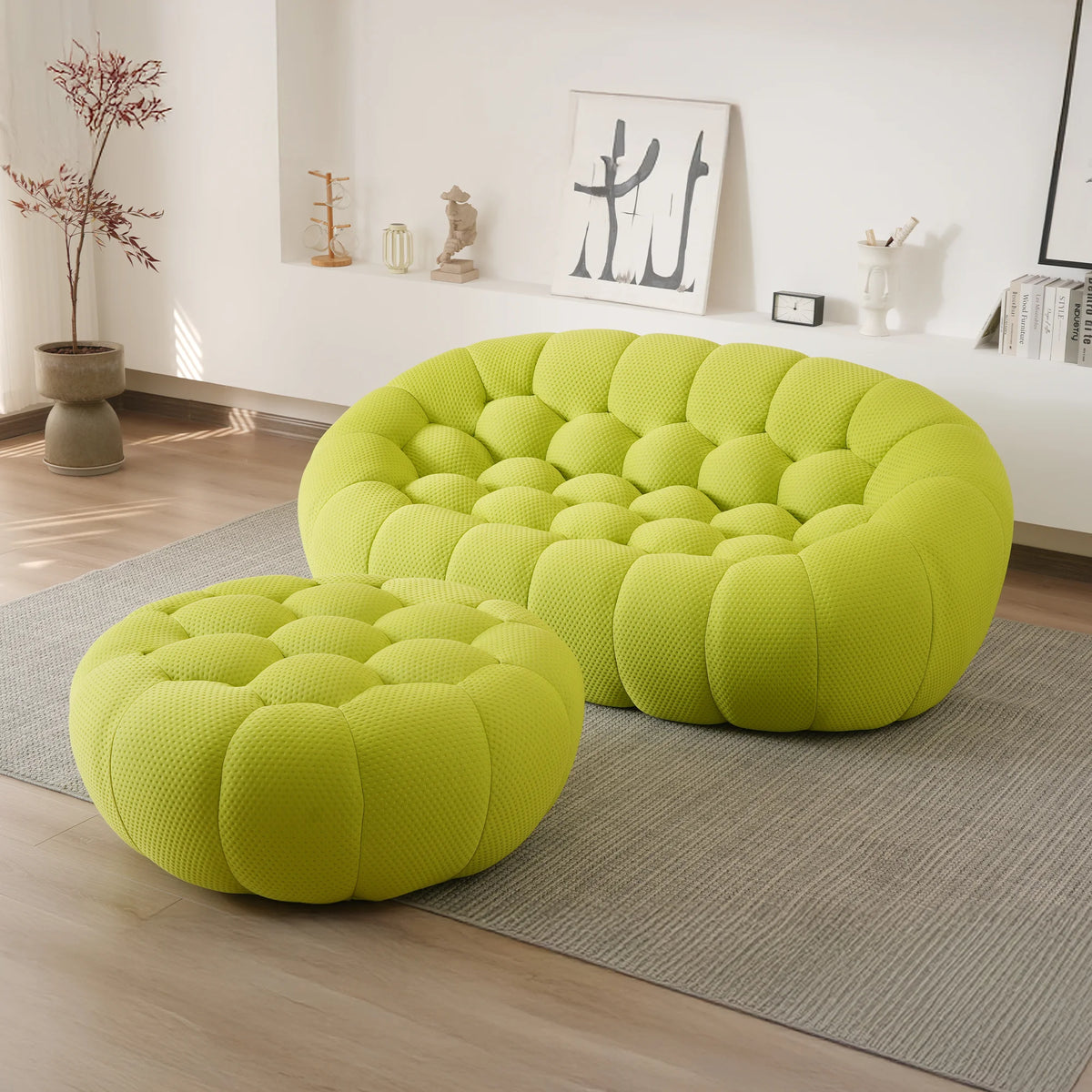 Sofás seccionales chaise longue esenciales de 2 plazas, en tejido 3D de punto color lima | 2 piezas (incluye 1 otomana), tejido 3D de punto, espacio pequeño
