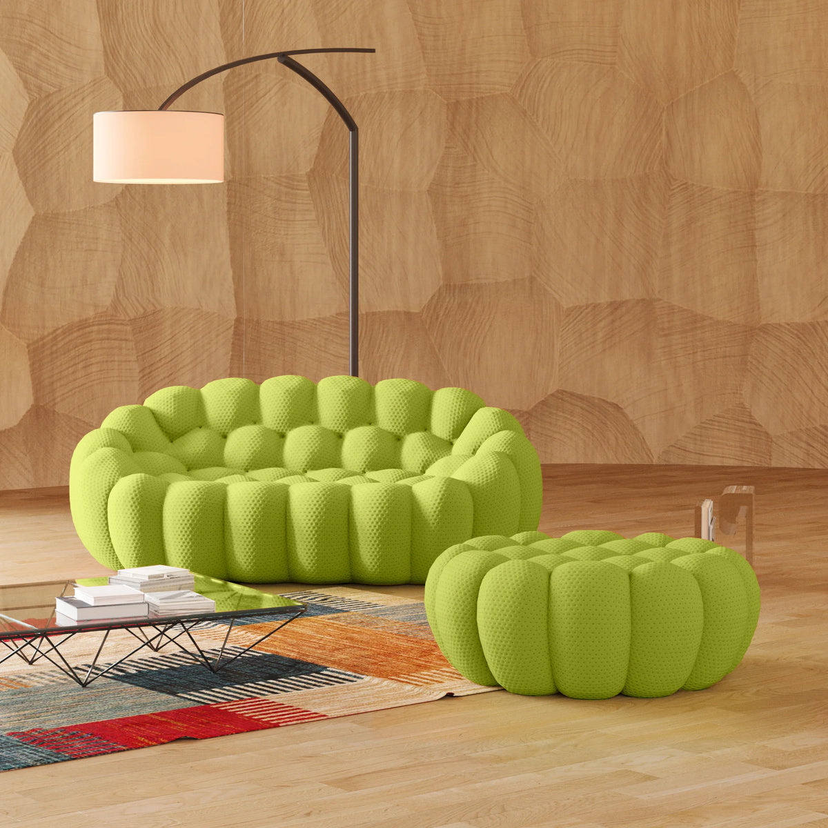 Sofás seccionales chaise longue esenciales de 2 plazas, en tejido 3D de punto color lima | 2 piezas (incluye 1 otomana), tejido 3D de punto, espacio pequeño