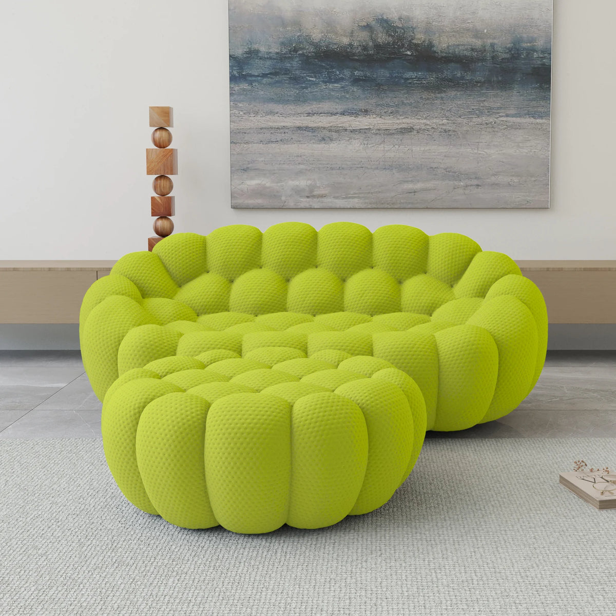 Sofás seccionales chaise longue esenciales de 2 plazas, en tejido 3D de punto color lima | 2 piezas (incluye 1 otomana), tejido 3D de punto, espacio pequeño