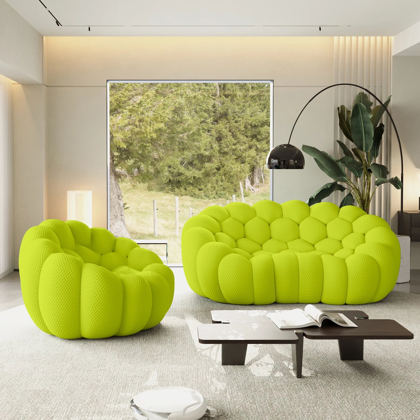 Sofás Essential Arc Boneless | Seccionales en forma de L de 2 piezas, tejido de punto 3D, color verde lima, de 3 plazas