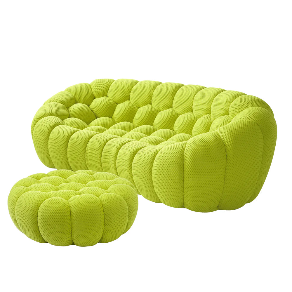 Sofás Essential Arc Boneless | Seccionales de 2 piezas en forma de L de tejido de punto 3D en verde lima, 3 plazas y 1 otomana