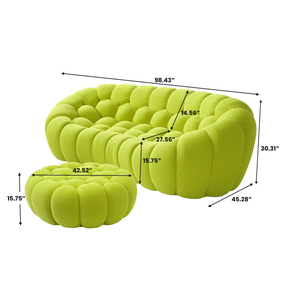 Sofás Essential Arc Boneless | Seccionales de 2 piezas en forma de L de tejido de punto 3D en verde lima, 3 plazas y 1 otomana