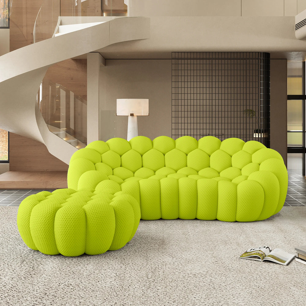 Sofás Essential Arc Boneless | Seccionales de 2 piezas en forma de L de tejido de punto 3D en verde lima, 3 plazas y 1 otomana