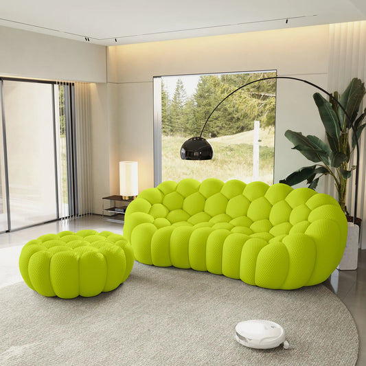 Sofás Essential Arc Boneless | Seccionales de 2 piezas en forma de L de tejido de punto 3D en verde lima, 3 plazas y 1 otomana