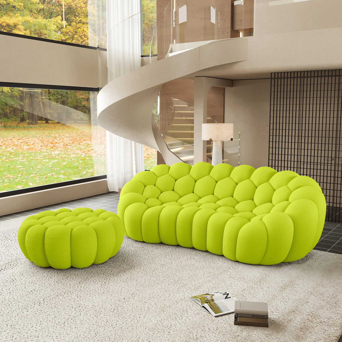 Sofás Essential Arc Boneless | Seccionales de 2 piezas en forma de L de tejido de punto 3D en verde lima, 3 plazas y 1 otomana