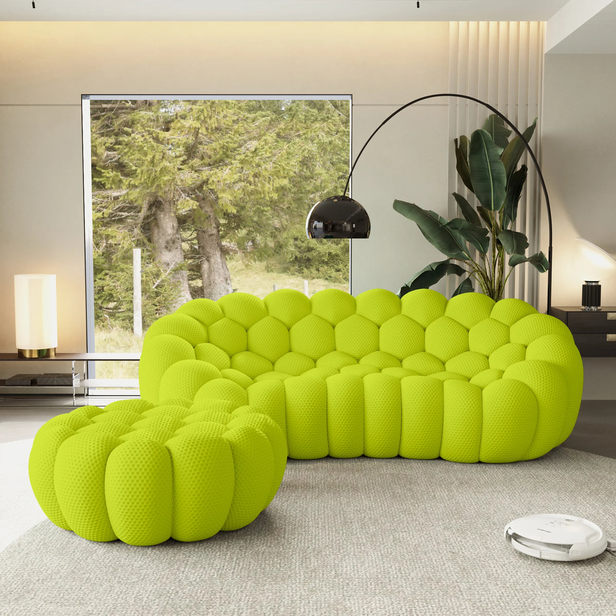 Sofás Essential Arc Boneless | Seccionales de 2 piezas en forma de L de tejido de punto 3D en verde lima, 3 plazas y 1 otomana