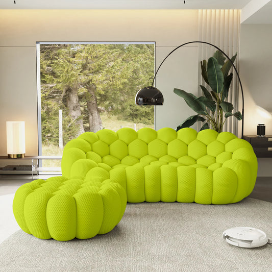 Sofás Essential Arc Boneless | Seccionales de 2 piezas en forma de L de tejido de punto 3D en verde lima, 3 plazas y 1 otomana