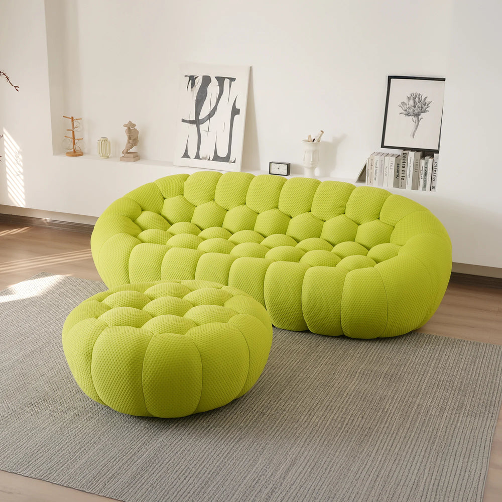Essential Armless Floor Sofas | 2-Piece 3D Knitted Fabric Lime Green L-Shaped Sectionals 3-Seater With 1 Ottoman