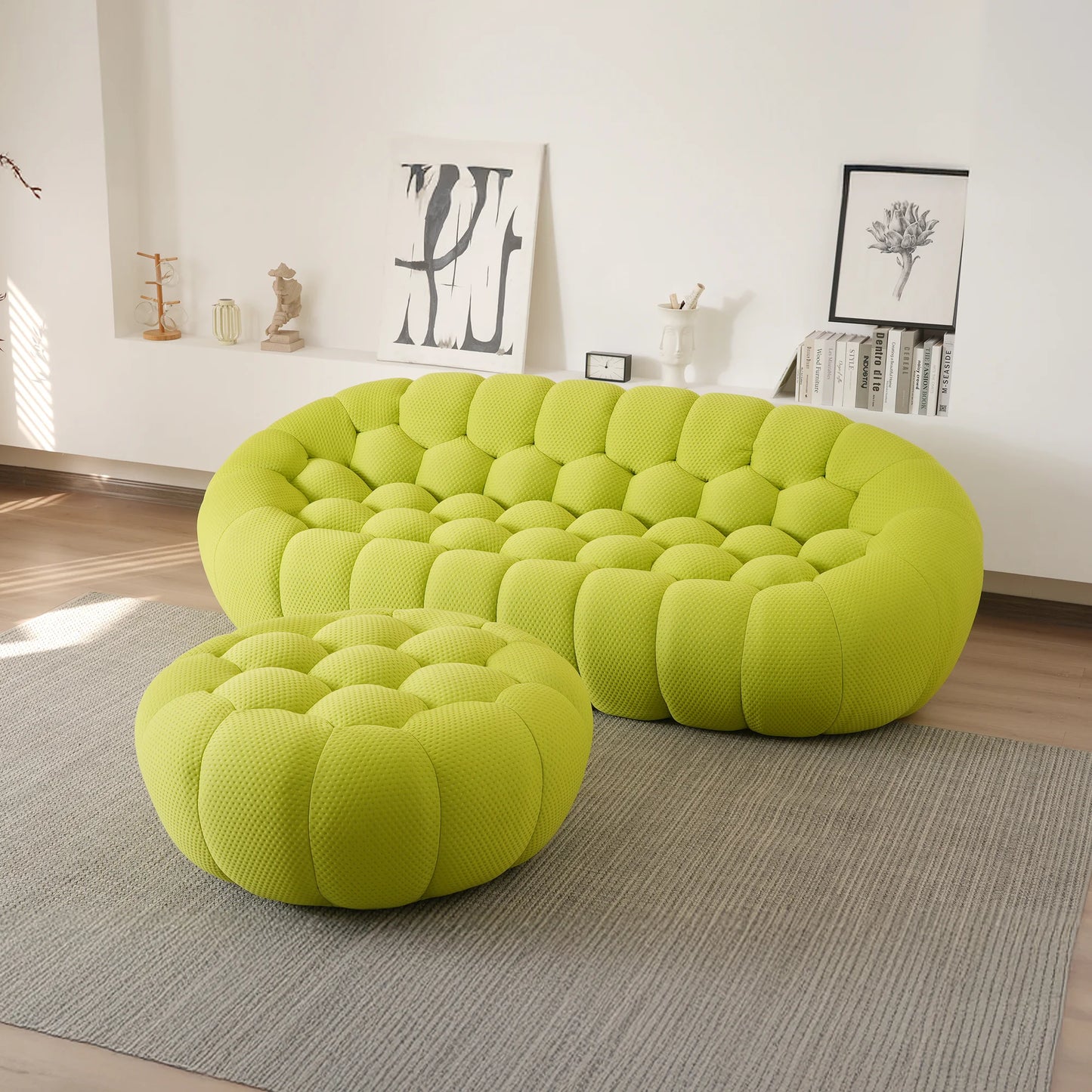 Essential Armless Floor Sofas | 2-Piece 3D Knitted Fabric Lime Green L-Shaped Sectionals 3-Seater With 1 Ottoman