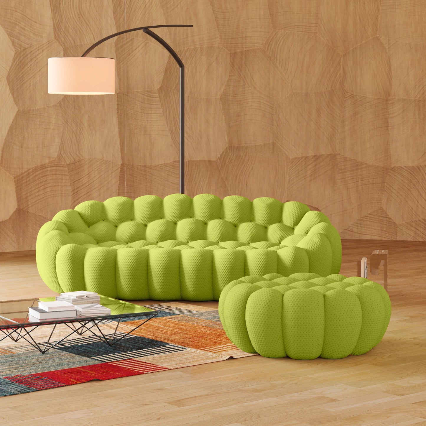 Essential Armless Floor Sofas | 2-Piece 3D Knitted Fabric Lime Green L-Shaped Sectionals 3-Seater With 1 Ottoman