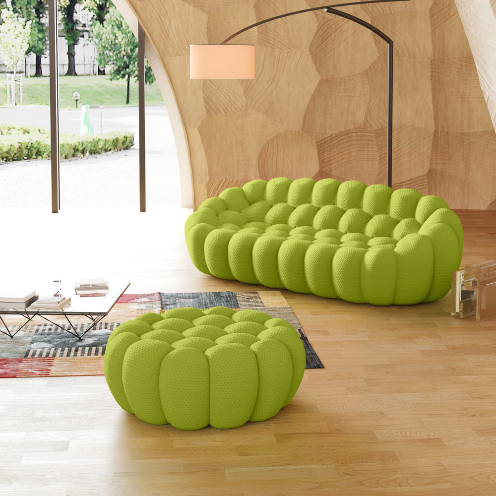 Essential Armless Floor Sofas | 2-Piece 3D Knitted Fabric Lime Green L-Shaped Sectionals 3-Seater With 1 Ottoman