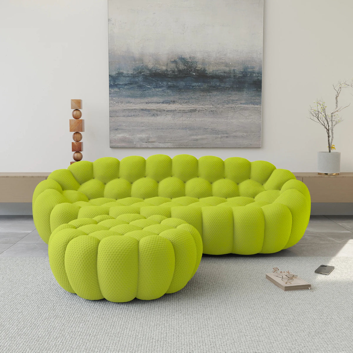 Essential 3-Seater lime-green 3D-Knitted Fabric L-Shaped Sectionals | 2-Piece (includes 1 Ottoman), 3D-Knitted Fabric, Compact Design