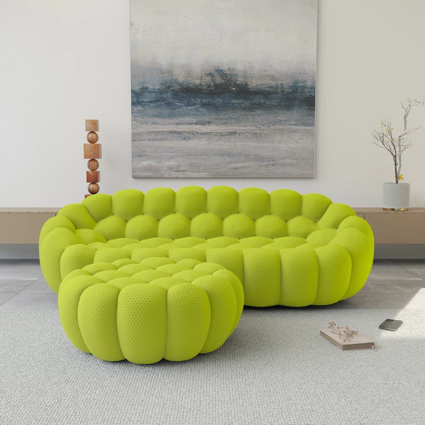 Essential Armless Floor Sofas | 2-Piece 3D Knitted Fabric Lime Green L-Shaped Sectionals 3-Seater With 1 Ottoman