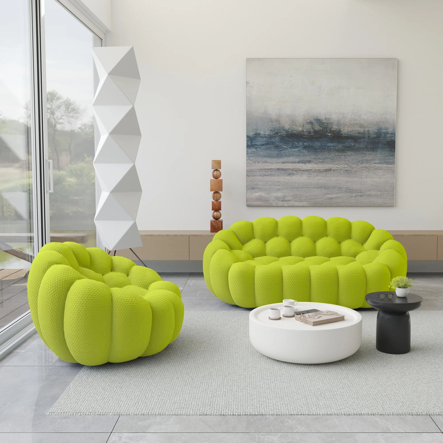 Essential Armless Floor Sofas | 2-Piece 3D Knitted Fabric Lime Green L-Shaped Sectionals 3-Seater
