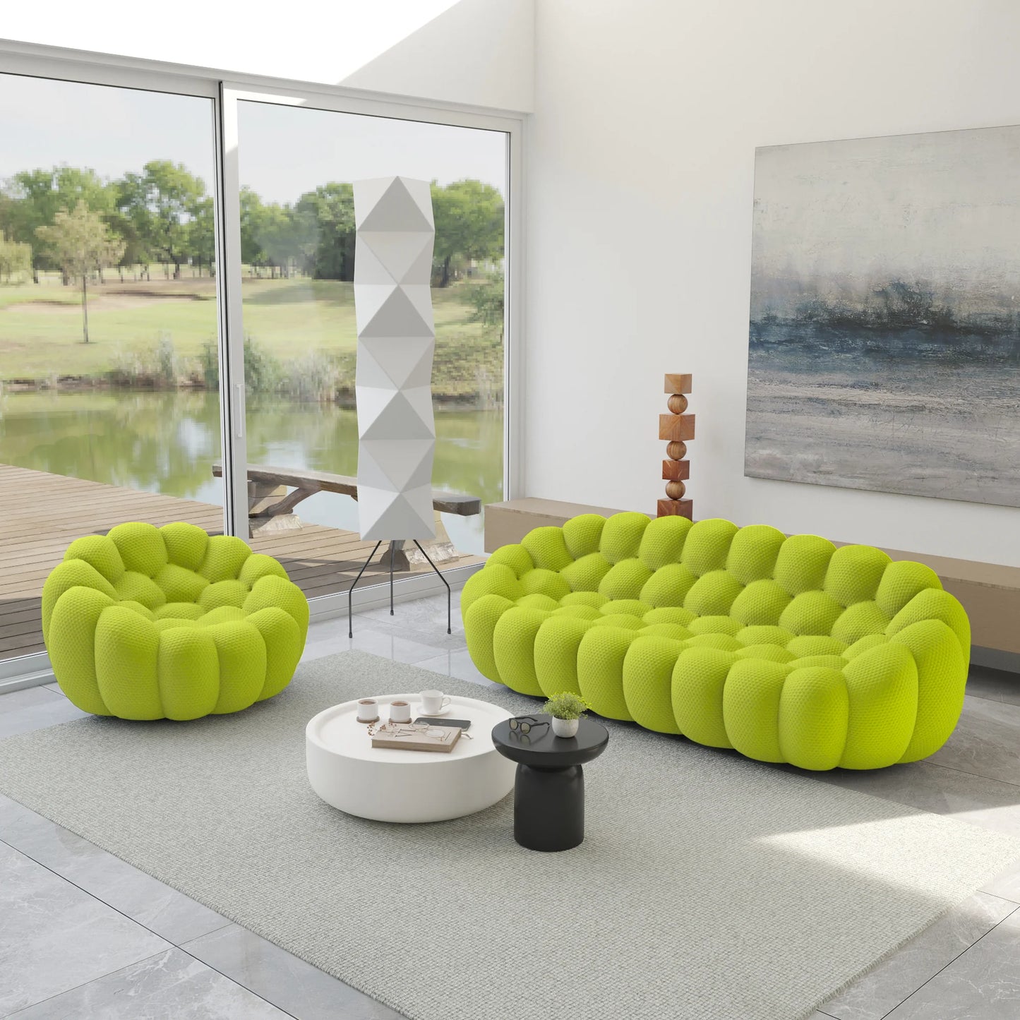 Essential Armless Floor Sofas | 2-Piece 3D Knitted Fabric Lime Green L-Shaped Sectionals 4-Seater