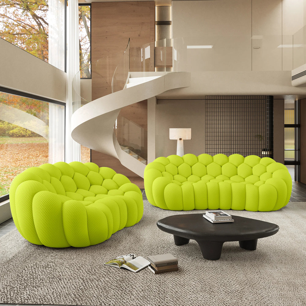 Sofás Essential Arc Boneless | Seccionales en forma de L de 2 piezas, 5 plazas, de tejido de punto 3D, color verde lima