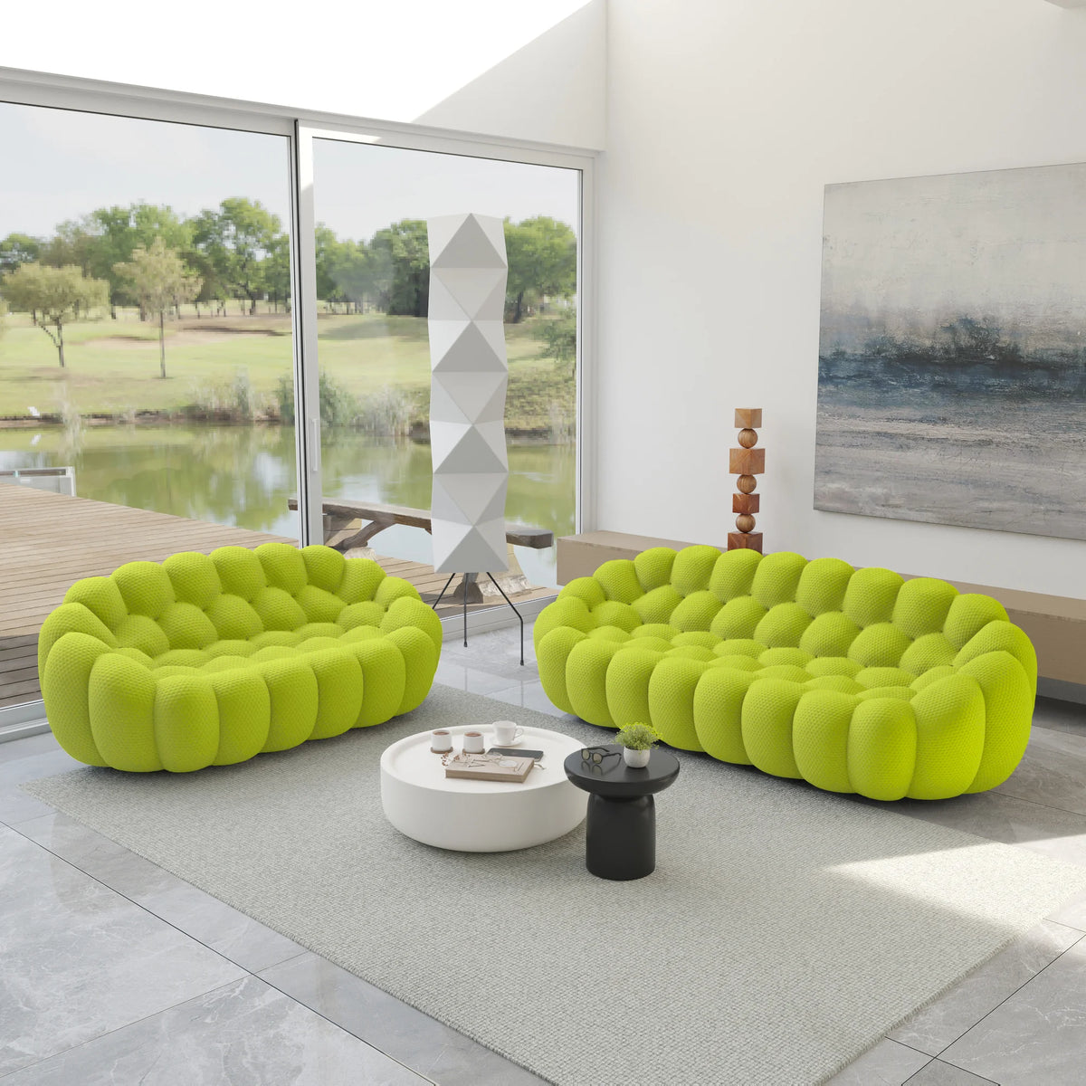 Seccionales esenciales de 5 asientos en color verde lima con tejido de punto 3D en forma de V | 2 piezas, tejido de punto 3D, apto para apartamentos