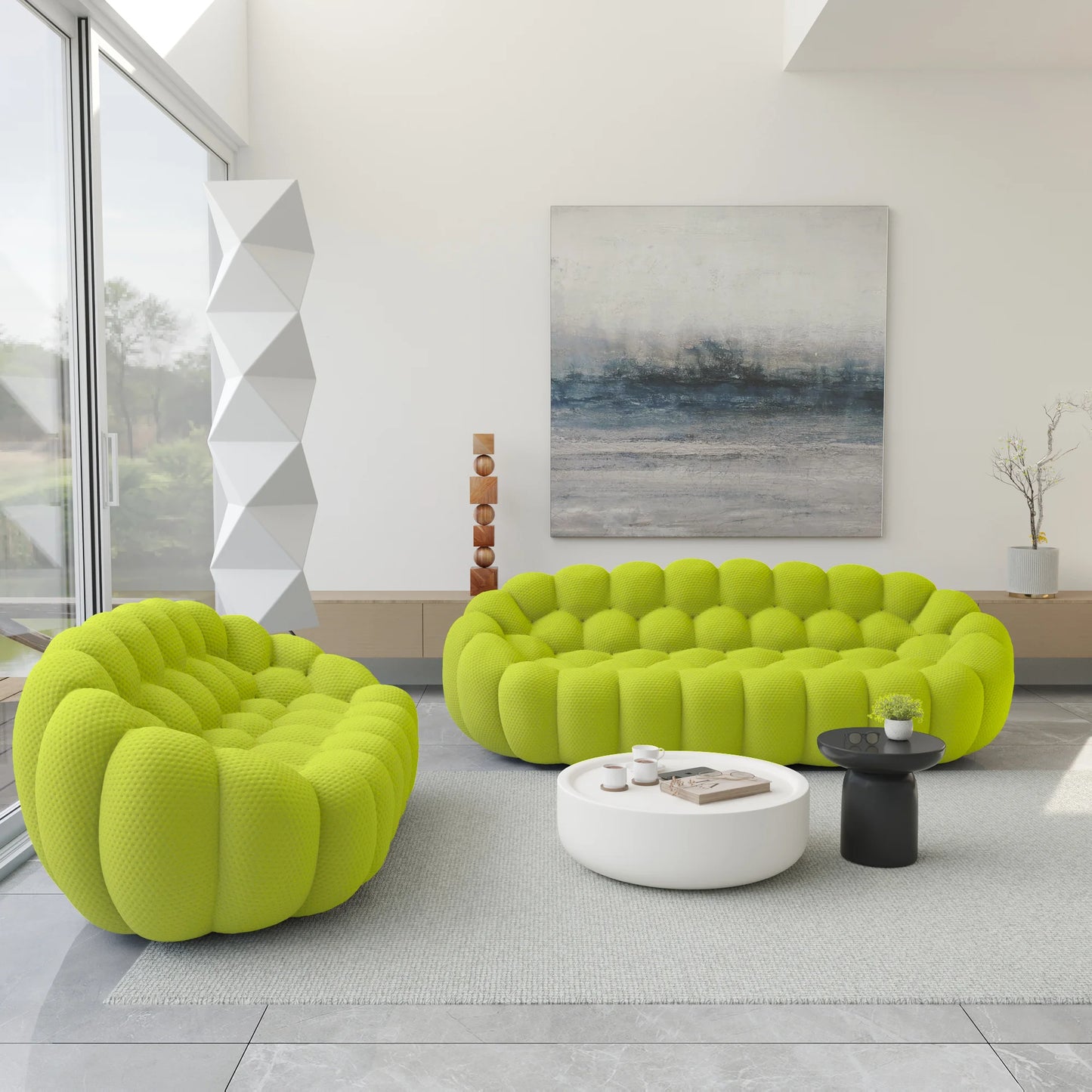 Essential Armless Floor Sofas | 2-Piece 3D Knitted Fabric Lime Green L-Shaped Sectionals 5-Seater