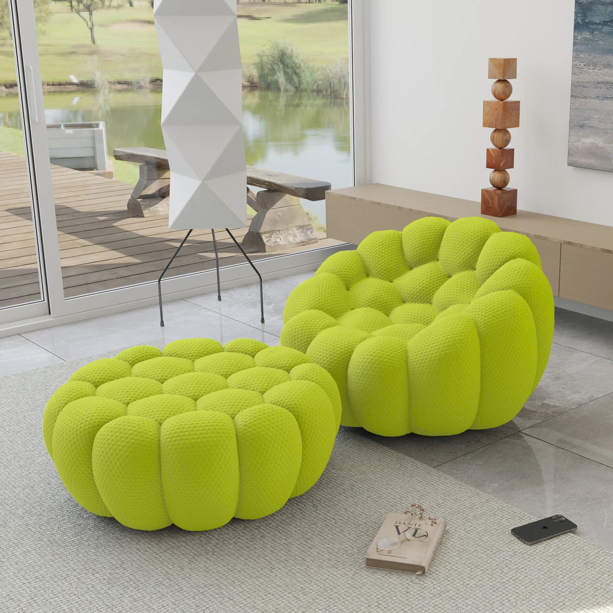 Sofá individual Essential de 1 plaza de tela tejida 3D verde lima | 2 piezas (incluye 1 otomana), tela tejida 3D, diseño compacto