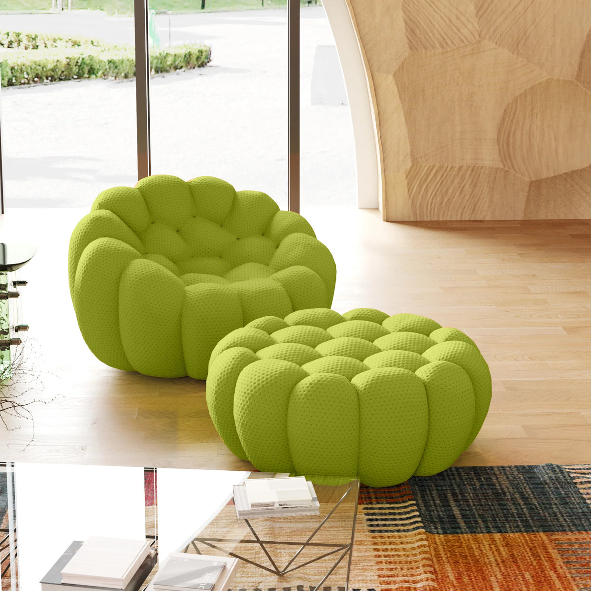 Sofá individual Essential de 1 plaza de tela tejida 3D verde lima | 2 piezas (incluye 1 otomana), tela tejida 3D, diseño compacto