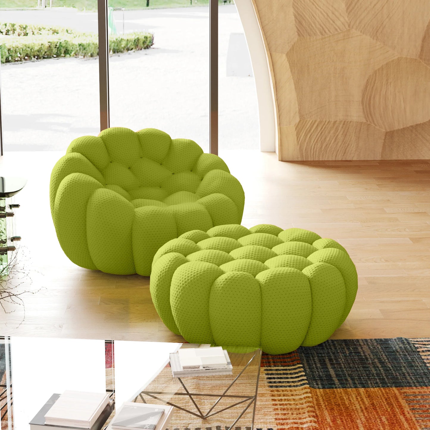 Essential Armless Floor Sofas | 2-Piece 3D Knitted Fabric Lime Green Sofa Sets 1-Seater With 1 Ottoman