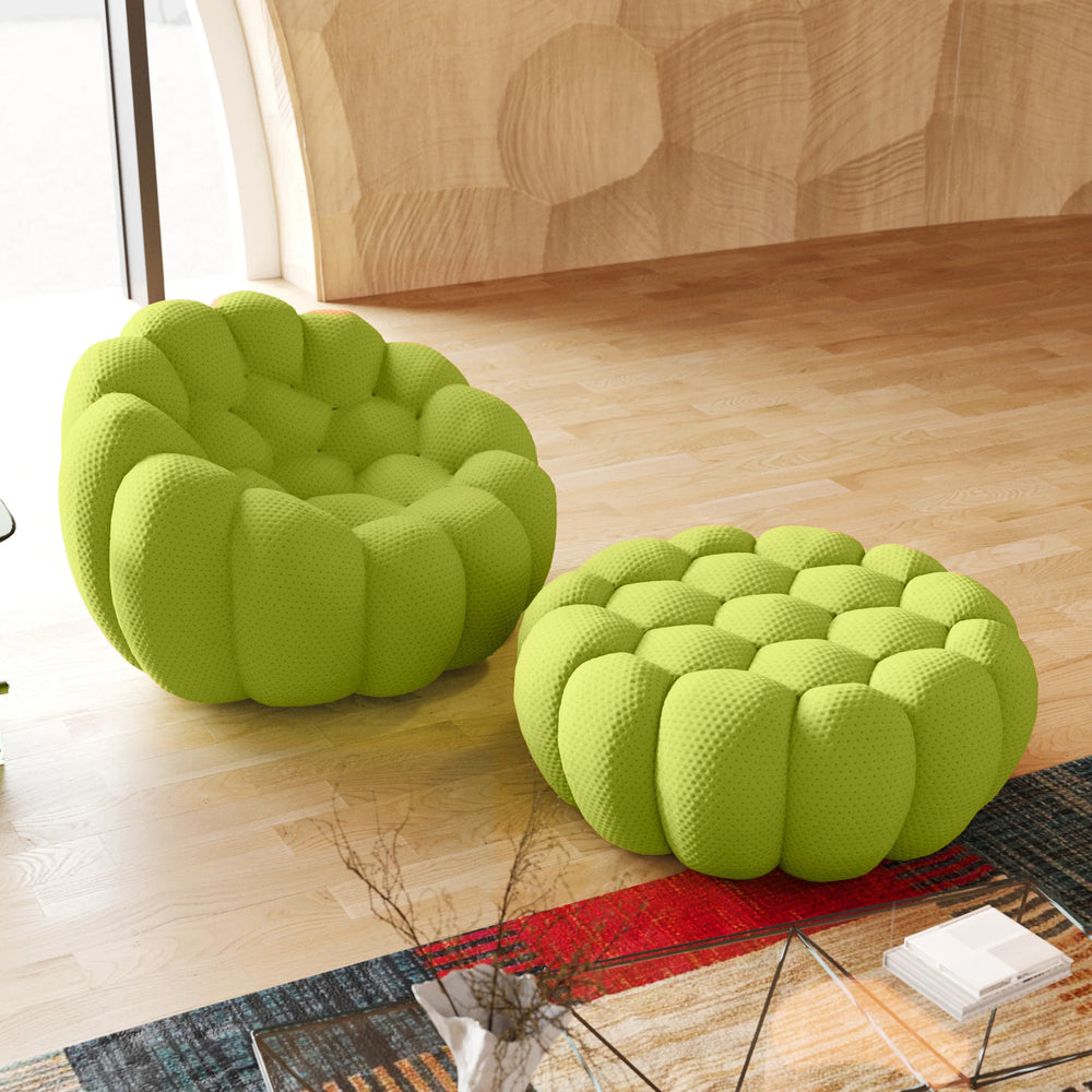 Sofás de suelo Essential sin brazos | Conjunto de sofá de 2 piezas de tejido de punto 3D verde lima de 1 plaza con otomana