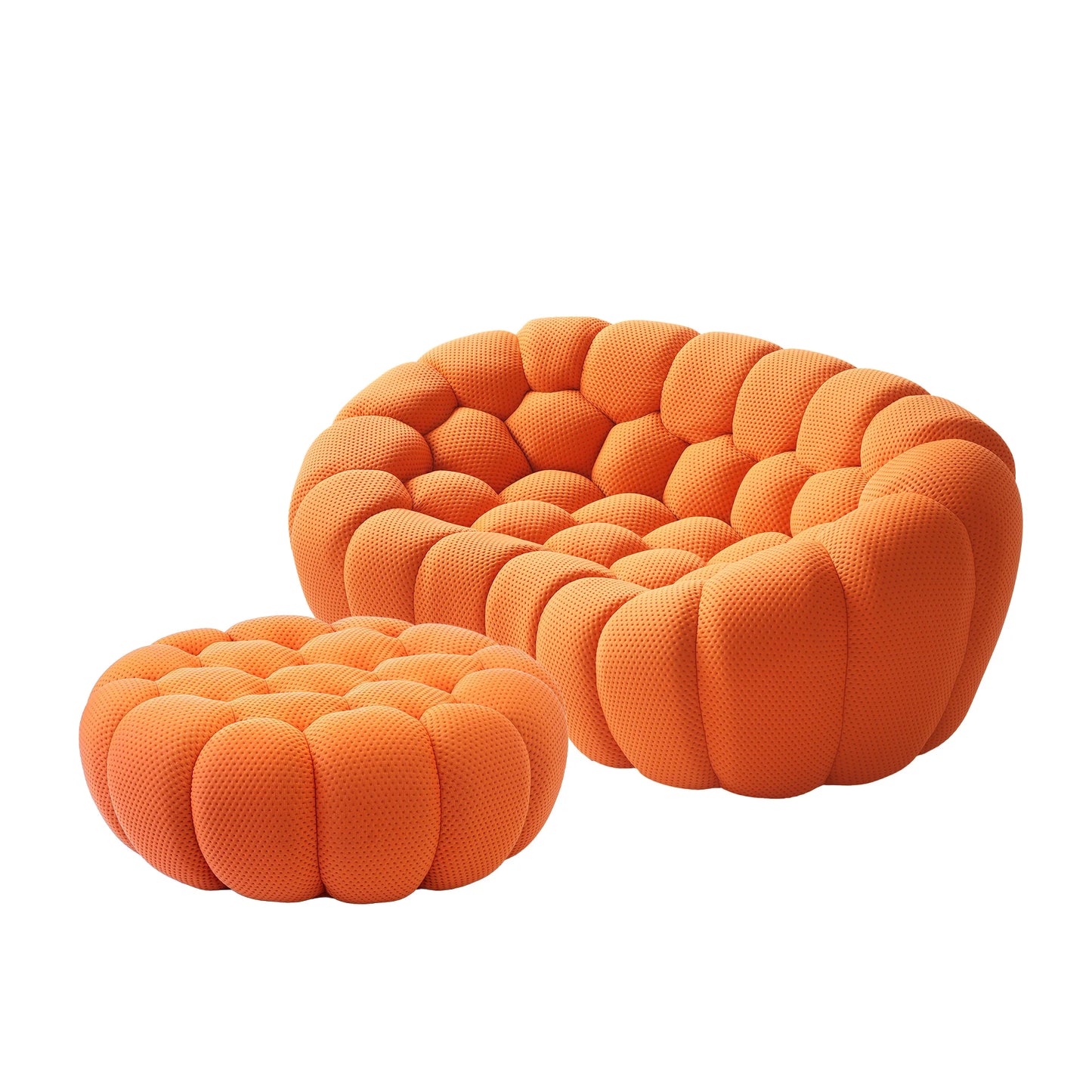Sofás Essential Arc Boneless | Chaise longue seccional de dos piezas en tejido de punto 3D naranja, con 1 otomana
