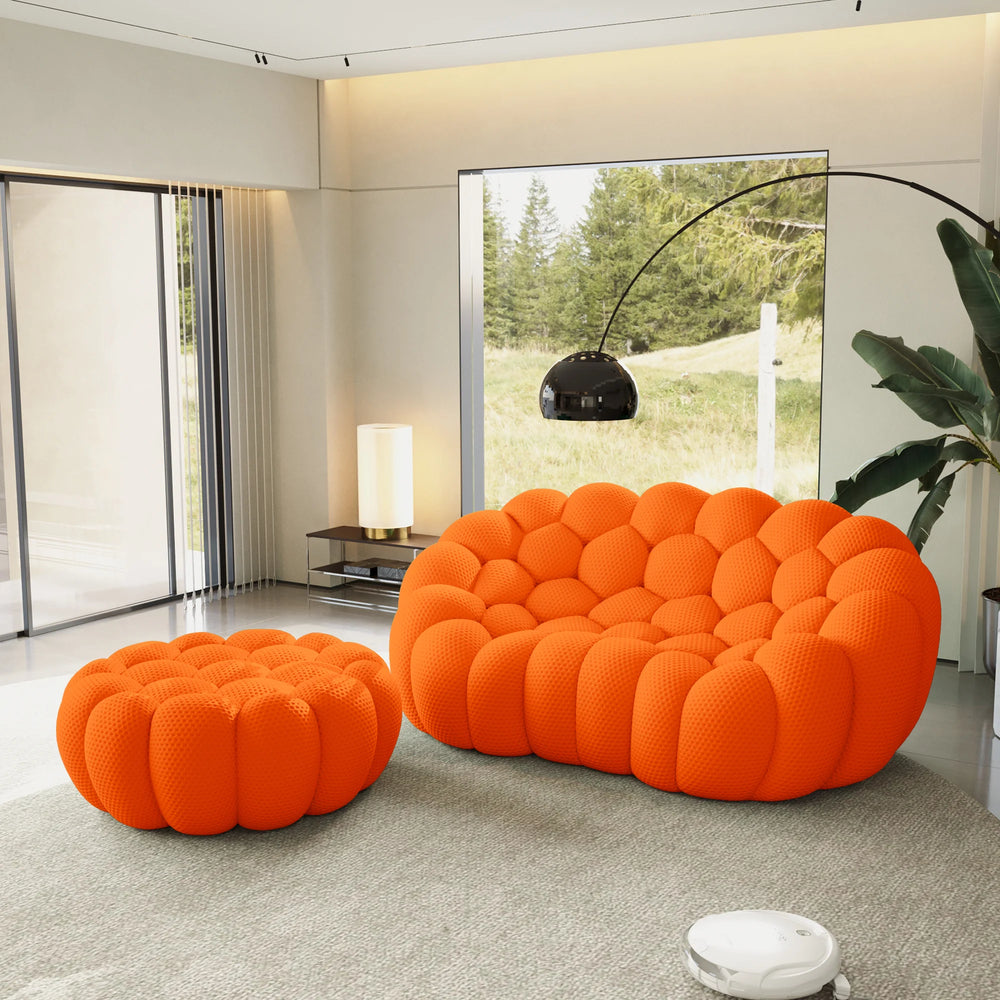 Sofás Essential Arc Boneless | Chaise longue seccional de dos piezas en tejido de punto 3D naranja, con 1 otomana