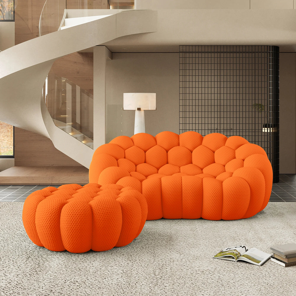 Sofás Essential Arc Boneless | Chaise longue seccional de dos piezas en tejido de punto 3D naranja, con 1 otomana