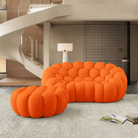 Sofás Essential Arc Boneless | Chaise longue seccional de dos piezas en tejido de punto 3D naranja, con 1 otomana