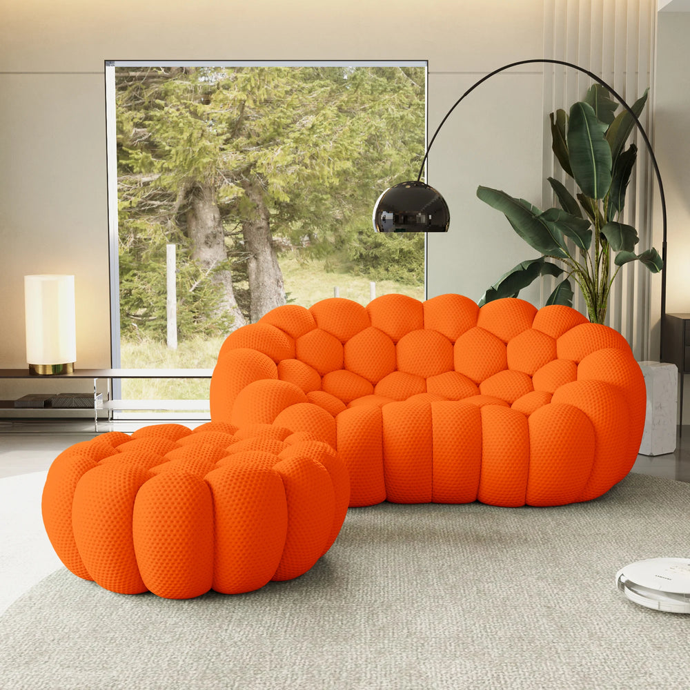 Sofás Essential Arc Boneless | Chaise longue seccional de dos piezas en tejido de punto 3D naranja, con 1 otomana
