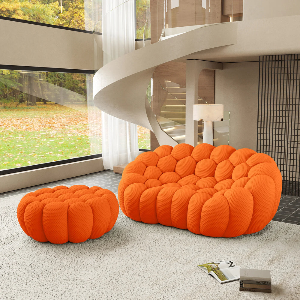 Sofás Essential Arc Boneless | Chaise longue seccional de dos piezas en tejido de punto 3D naranja, con 1 otomana