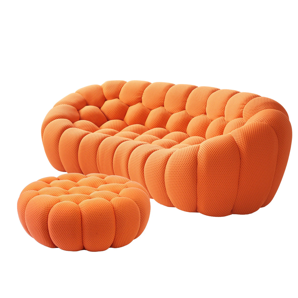 Sofás Essential Arc Boneless | Seccionales de 2 piezas en forma de L, de tejido de punto 3D, color naranja, de 3 plazas con 1 otomana