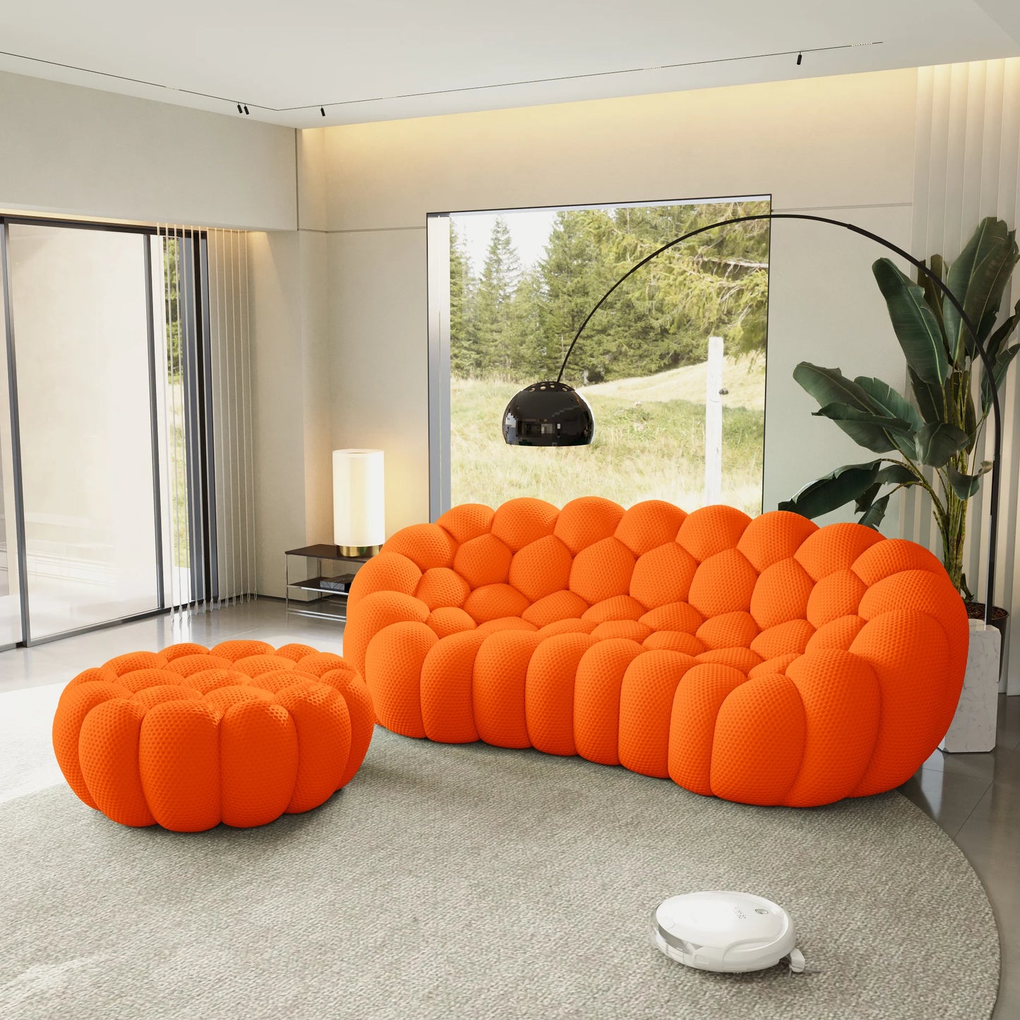 Sofás Essential Arc Boneless | Seccionales de 2 piezas en forma de L, de tejido de punto 3D, color naranja, de 3 plazas con 1 otomana