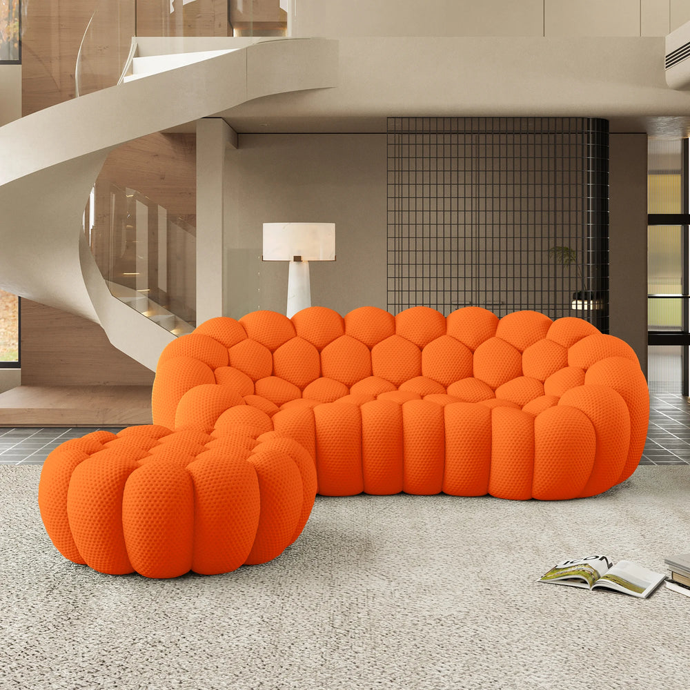 Sofás Essential Arc Boneless | Seccionales de 2 piezas en forma de L, de tejido de punto 3D, color naranja, de 3 plazas con 1 otomana