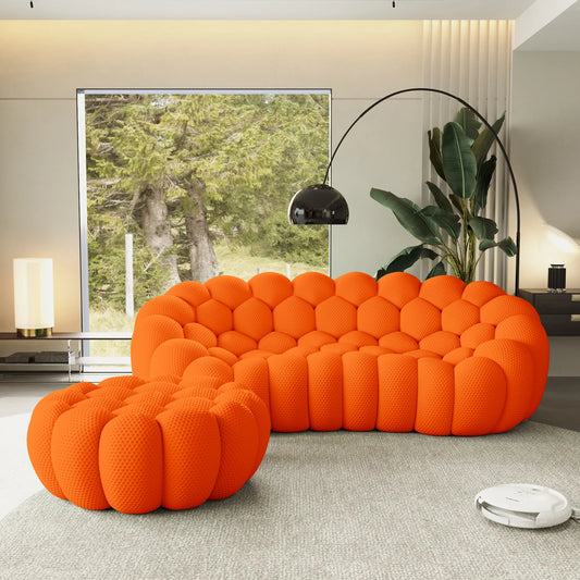Sofás Essential Arc Boneless | Seccionales de 2 piezas en forma de L, de tejido de punto 3D, color naranja, de 3 plazas con 1 otomana