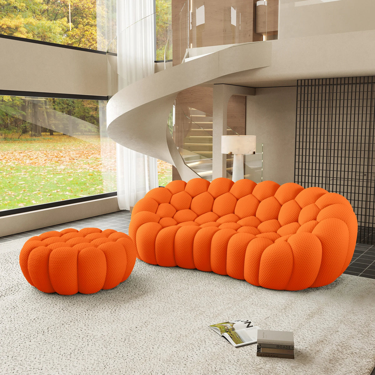 Essential 3-Seater orange 3D-Knitted Fabric L-Shaped Sectionals | 2-Piece (includes 1 Ottoman), 3D-Knitted Fabric, Compact Design