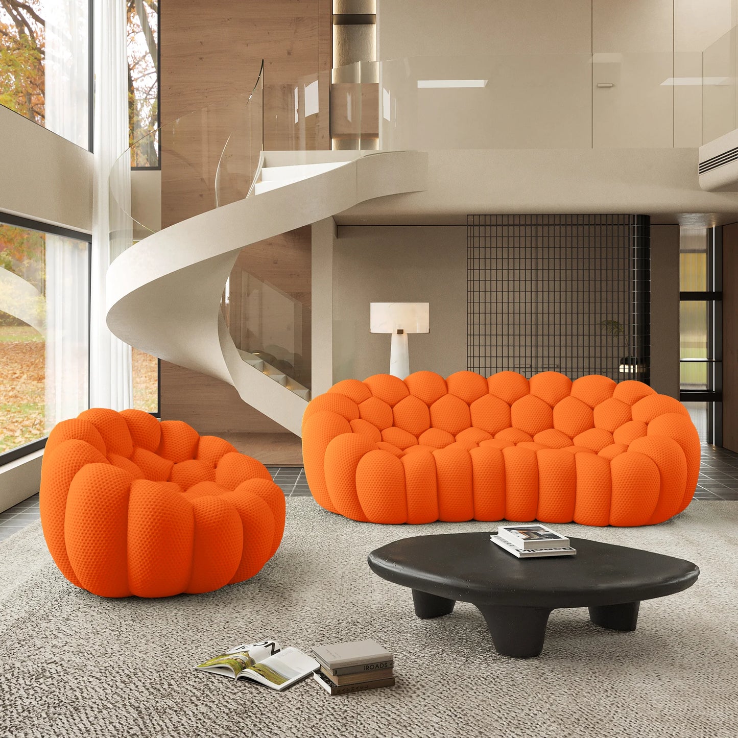 Sofás Essential Arc Boneless | Seccionales en forma de L de 2 piezas, 4 plazas, de tejido de punto 3D, color naranja