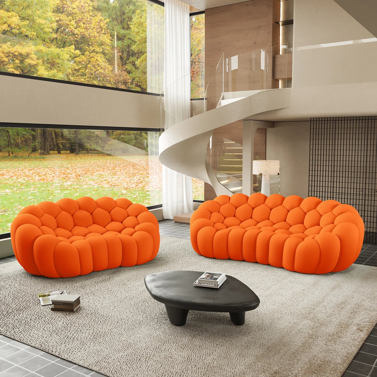 Sofás Essential Arc Boneless | Seccionales de 2 piezas en forma de L de 5 plazas en tejido de punto 3D naranja