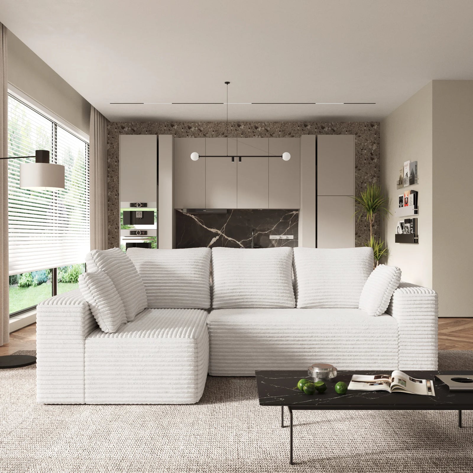 Seccional Matrix de 4 plazas en forma de L modular beige | 2 piezas, tela de pana, espacios pequeños